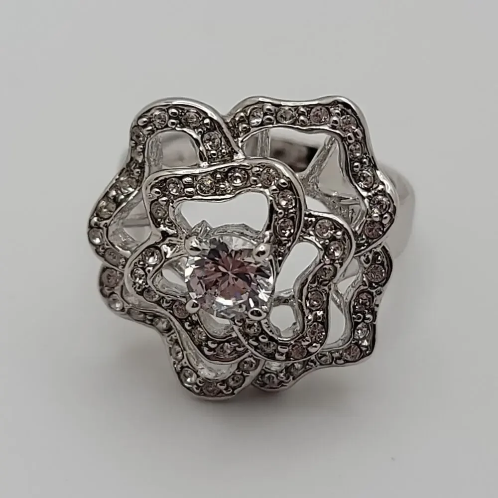 Vintage Nolan Miller Silver-tone Cubic Zirconia Floral Statement Ring